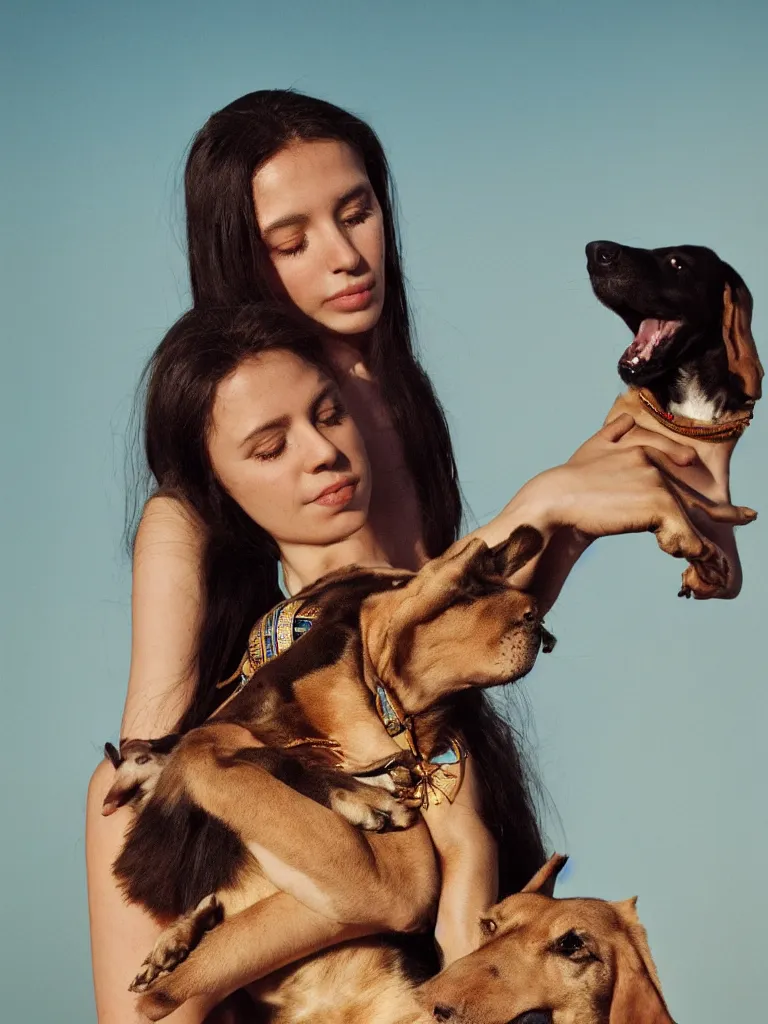 Image similar to photorealistic portrait of a beautiful female ancient Egyptian goddess holding Anubis the dog in her arms, photography by Alessio Albi, 50mm f1.4, bokeh, kodak ektar, rendered in octane