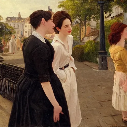 Image similar to niclas weintz trying to flirt with anne hathaway in a sunny street with jealous women with black hair standing in the back, 4 k, painting by eugene de lacroix, beautiful, high detail,