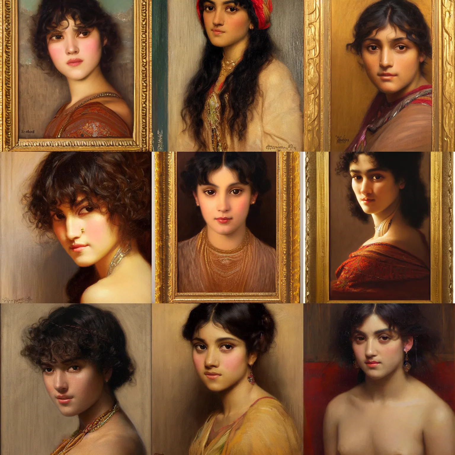 Prompt: orientalism face portrait of a cute woman with bangs and curls and brown skin by Edwin Longsden Long and Theodore Ralli and Nasreddine Dinet and Adam Styka, masterful intricate artwork. Oil on canvas, excellent lighting, high detail 8k