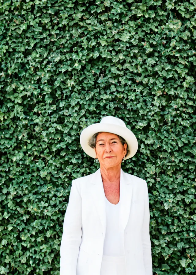 Prompt: portrait photo of a woman in her fifties wearing a white linen trouser suit and panama hat, standing in front of an ivy wall, 8 5 mm f / 1. 8, bokeh, backlit