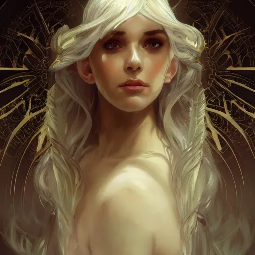 Prompt: portrait of gorgeous elf, thorn crown, small ears, headshot, pale skin, 4k, rule of thirds, extreme detail, detailed drawing, trending artstation, hd, fantasy, D&D, realistic lighting, by Alphonse Mucha, Greg Rutkowski, sharp focus, backlit, bright white hair, elegant