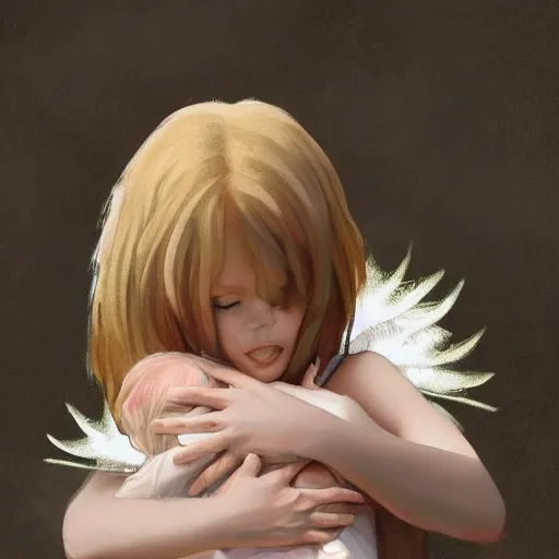Prompt: Angel protecting child by Lin Chang, very detailed, deviantart, artstation