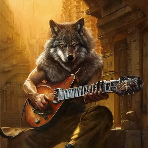 Prompt: Hyperrealistic 1941 The Wolf-Man playing a Gibson electric guitar, by Antonio Caparo, Ferdinand Knab, Greg Rutkowski, Amano, and Karol Bak UHD, vivid colors, photorealistic trending on artstation