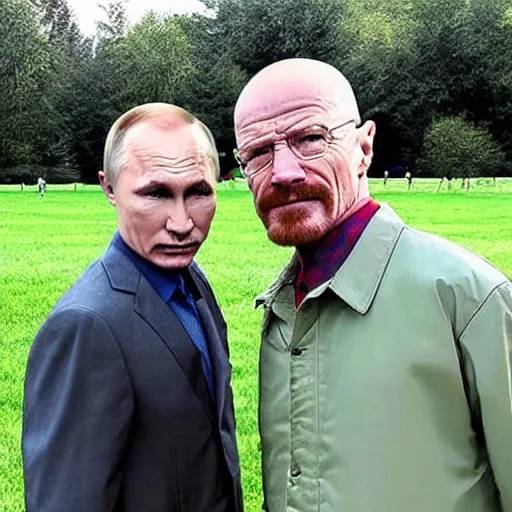 Prompt: walter white and putin in the park, leaked photography