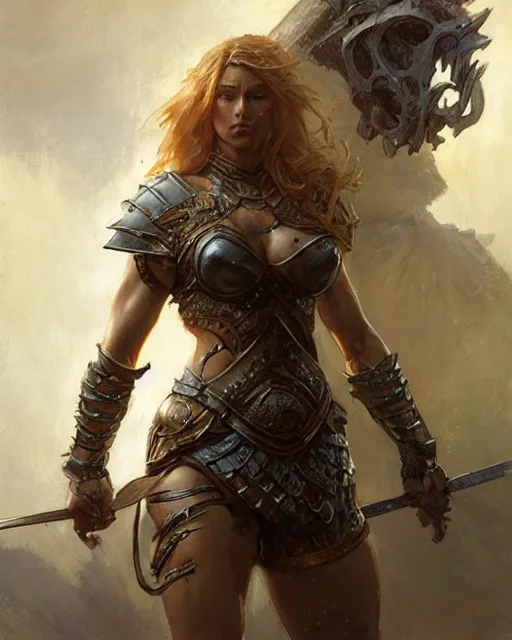 Image similar to a fierce and muscular warrior princess in full armor, fantasy character portrait by greg rutkowski, gaston bussiere, craig mullins, simon bisley