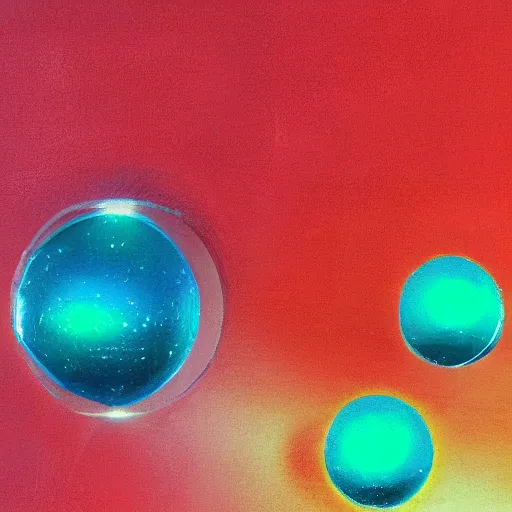 Prompt: iridescent glass spheres on a red cube