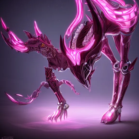 Prompt: highly detailed exquisite fanart, of a beautiful female warframe, but as an anthropomorphic elegant robot female dragoness, robot dragon head with glowing eyes shiny and smooth off-white plated armor, Fuchsia skin beneath the armor, sharp claws, long sleek tail behind, robot dragon hands and feet, standing elegant pose, close-up shot, full body shot, epic cinematic shot, professional digital art, high end digital art, singular, realistic, DeviantArt, artstation, Furaffinity, 8k HD render, epic lighting, depth of field