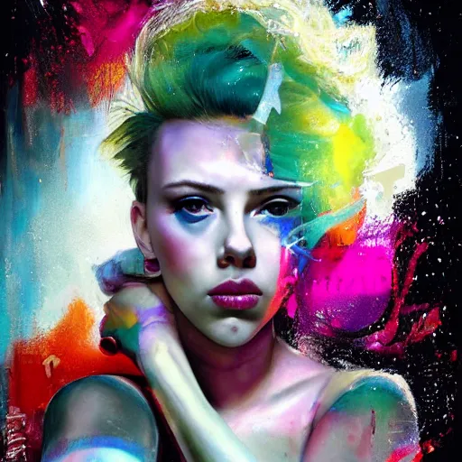 Image similar to young scarlett johansson as delirium from sandman, ( hallucinating colorful soap bubbles ), by jeremy mann, by sandra chevrier, by jean giraud and richard avedon, punk rock, tank girl, high detailed, 8 k