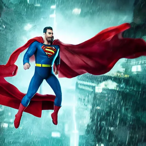Image similar to pickle rick as superman! flying in ( gears of war ), splash art, movie still, detailed face, photorealistic facial features, cinematic lighting, dramatic, octane render, long lens, shallow depth of field, bokeh, anamorphic lens flare, 8 k, hyper detailed, 3 5 mm film grain