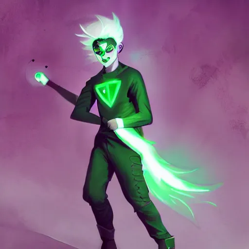 Image similar to Young Danny phantom, ghostly, with glowing green eyes and sharp teeth fangs alt art fashion punk, art by WLOP and Charlie Bowater and WLOP and Mark Arian and Ross Tran + neon colors, symmetry,A digital matte intricate illustration concept art , intricate complexity, epic composition, magical atmosphere, highly detailed, cinematic lighting + masterpiece, trending on artstation + 8k