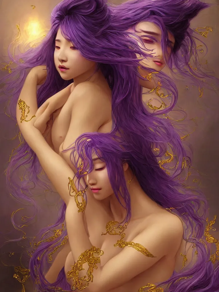 Image similar to asian nymph goddess flowing purple hair twisting in sensual pose with golden tattoes of cursive sigils on her opalescent skin, fantasy, intricate, very beautiful, elegant, golden light, highly detailed, digital painting, artstation, concept art, smooth, sharp focus, unreal engine, art by wlop and tian zi and alphonse mucha