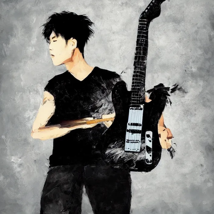 Image similar to large brush painting of a young korean male musician wearing stylish black v neck t shirt holding a telecaster!!! electric guitar!!, candid!! dark background, thick flowing dramatic brush strokes, dark matte colors, abstract, impressionist, motion, trending on artstation