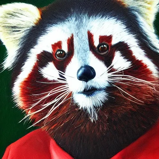 Image similar to oil painting of an anthropomorphic red panda in military uniform, amazing detail