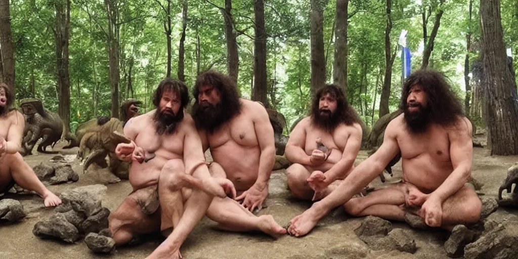 Image similar to photo, three hairy neanderthal people, sumo japanese, eating outside, surrounded by dinosaurs!, gigantic forest trees, sitting on rocks, bright moon, birthday cake on the ground, front view, emma! watson! is among them in bikini