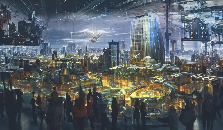 Image similar to large group people in a frame warehouse, looking at hologram of futuristic city on a table, cinematic concept art, godrays, golden hour, natural sunlight, 4 k, clear details, tabletop model buildings, foreground tabletop model, hologram center, crane shot, crane shot, crane shot