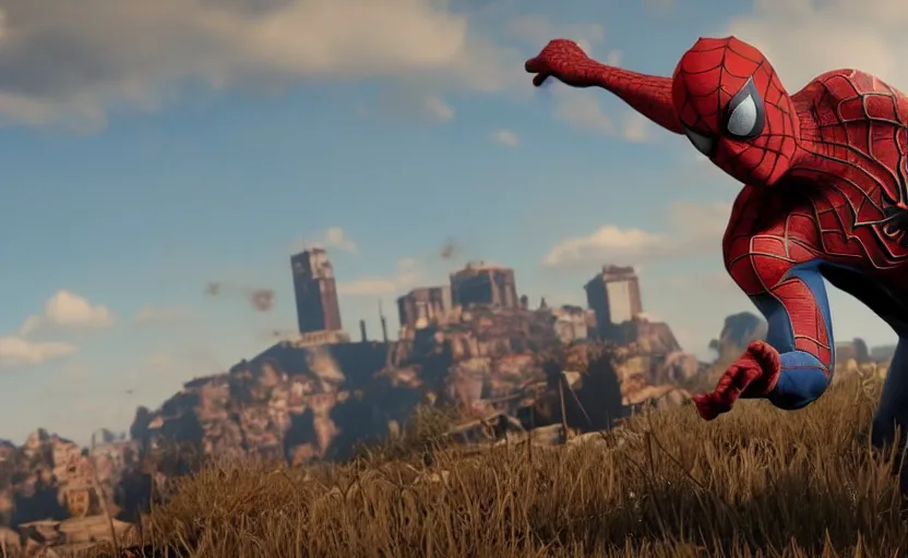 Image similar to Screenshot of Spiderman in Red Dead Redemption 2,