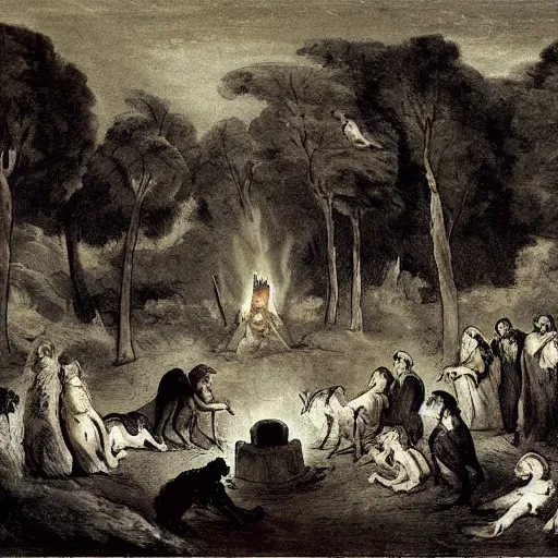 Prompt: goya forest with a cult performing a ritual with a bonfire where a goat flies