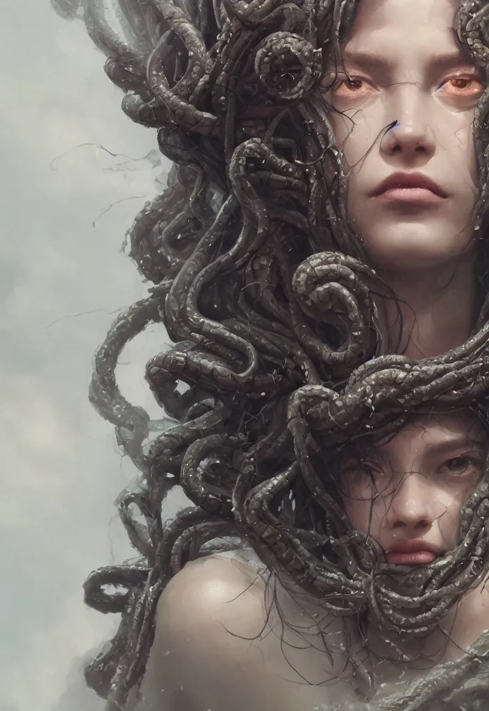 Image similar to A beuatiful close-up portrait of medusa by Greg Rutkowski, Sung Choi, Mitchell Mohrhauser, Maciej Kuciara, Johnson Ting, Maxim Verehin, Peter Konig, Bloodborne , 8k photorealistic, cinematic lighting, HD, high details, dramatic, atmospheric , trending on artstation