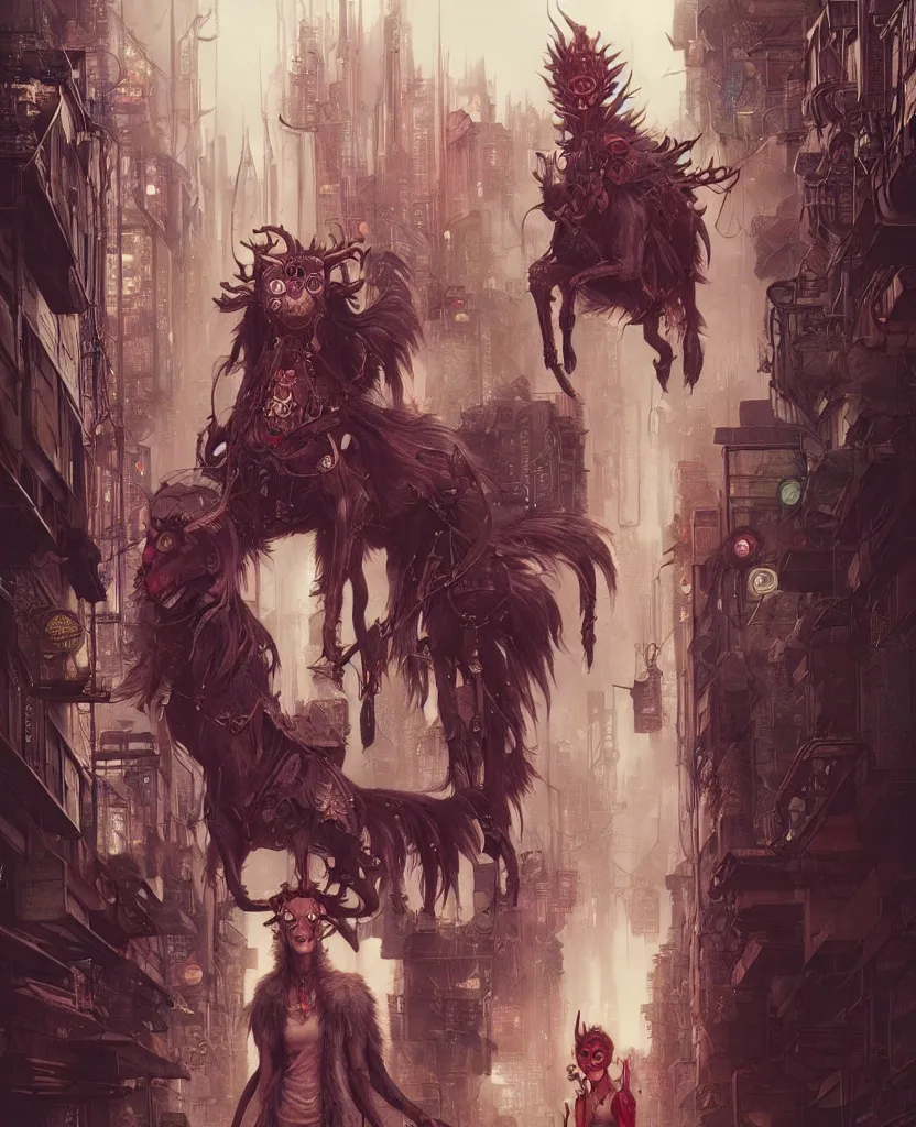 Image similar to hyper realistic Princess Mononoke, spooky mask, busy cyberpunk metropolis, city landscape, jewels, style of tom bagshaw, mucha, james gurney, norman rockwell, denoised, sharp