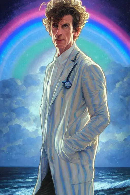 Image similar to doctor who, william hartnel on a beach, wearing a blue shirt with horizontal rainbow stripe, the ocean in the background, swirling colourful stars in the background, art by artgerm and greg rutkowski and alphonse mucha