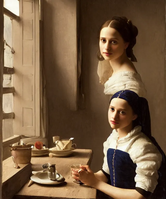 Image similar to a highly detailed, beautifully lit portrait of a pretty, young alicia vikander alba sitting at a table by an open window, oil painting portrait by vermeer and bouguereau