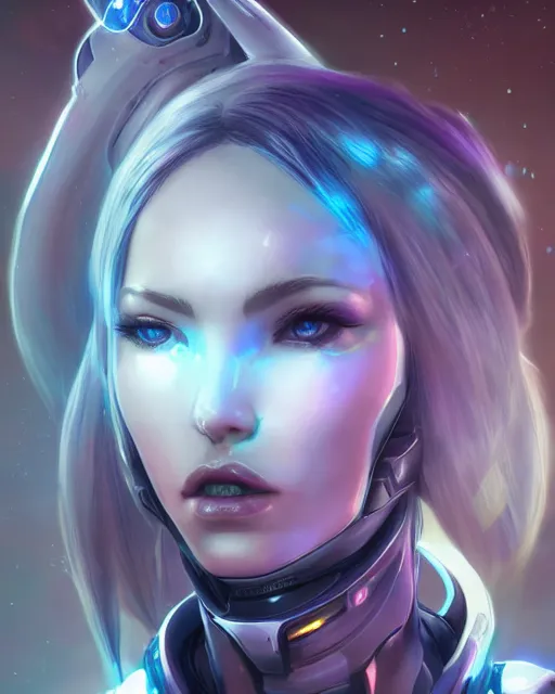 Image similar to perfect android girl on a mothership, warframe armor, beautiful face, scifi, futuristic, galaxy, nebula, raytracing, dreamy, long white hair, blue cyborg eyes, sharp focus, cinematic lighting, highly detailed, artstation, divine, by gauthier leblanc, kazuya takahashi, huifeng huang