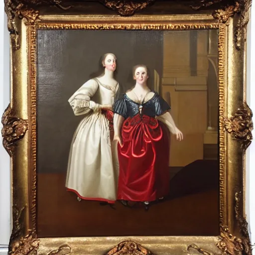 Image similar to oil portrait. two women in a vast castle lobby wearing fine clothes. dark room with light coming through the right side of the place. baroque style 1 6 5 6. high quality painting, no distortion on subject faces.