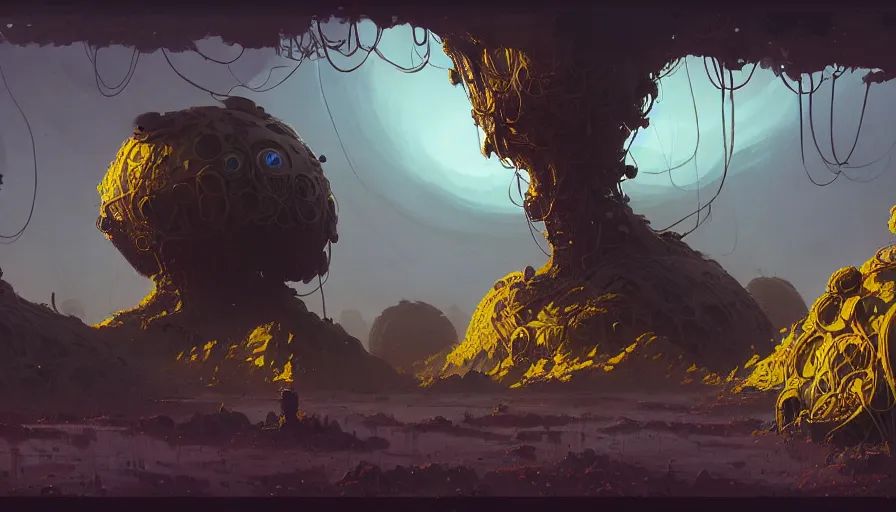 Image similar to highly detailed matte painting of a weird cryptobiological tangled alien landscape by atey ghailan, by greg rutkowski, by greg tocchini, by james gilliard, by joe fenton, purple, brown, black and yellow color scheme, octane render