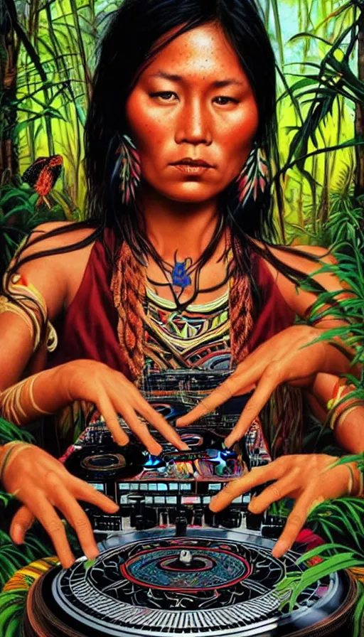 Prompt: a beautiful indigenous dj woman deejing with a pioneer turntables in the jungle, poster art by daniele caruso, benediktus budi, jason edmiston, vc johnson, powell peralta