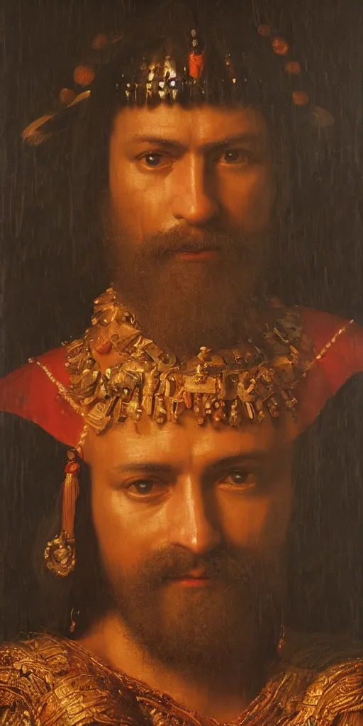 Prompt: Highly detailed and cinematic Renaissance period portrait oil painting Montezuma, an oil painting ((masterpiece)) by ((Josep Tapiró Baró)), dynamic lighting, 8K