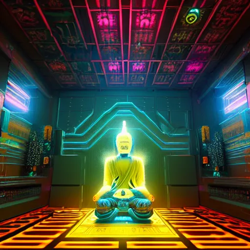 Prompt: cybernatic buddhist temple, cybernatic, cyberpunk, bright led lights, 3 d render, unreal engine 5, by beeple, dizzy viper, marischa becker, octane render, high quality, very detailed
