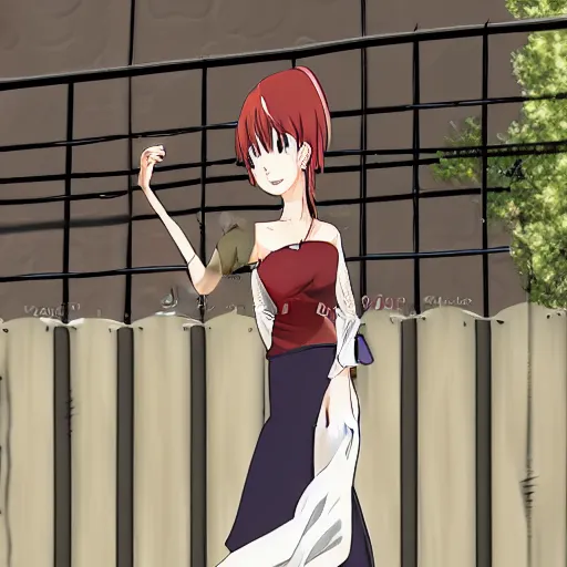 Prompt: An anime of a woman in long skirt dancing on the street by the fence