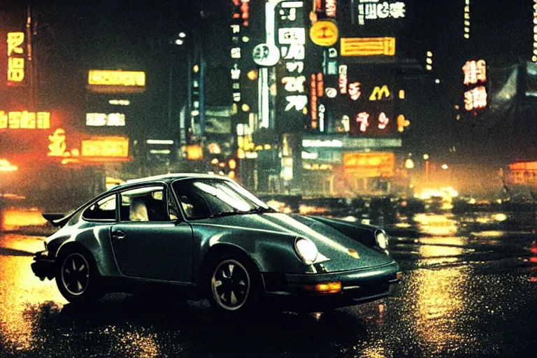 Image similar to a single 1 4 8 0 porsche 9 1 1, speeding down tokyo highway in the rain, night time, lightning, movie still from bladerunner