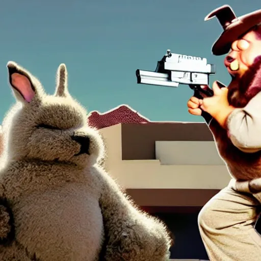 Image similar to fuzzy big chungus holding two mac - 1 0 s, shooting into the sky