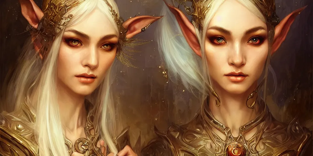 Prompt: a portrait of a female elf sorceress by karol bak and jia ruan, beautiful detailed eyes, cute, fantasy, intricate, elegant, highly detailed, digital painting, 4 k, hdr, concept art, detailed jewelry, smooth, sharp focus, illustration, art by artgerm