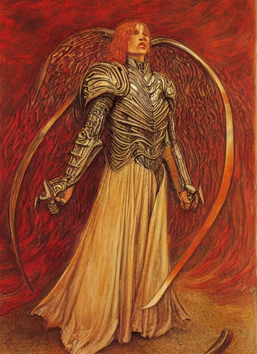 Image similar to malenia from elden ring drawn by jean delville, armor, red hair, full body portrait, icarus helmet