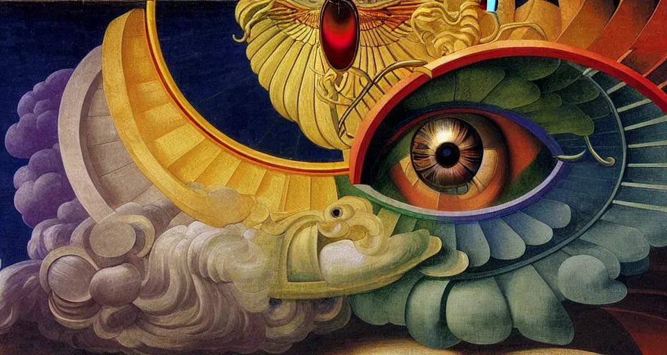 Image similar to painting of rainbow ophanim surrounded by large diagonally rotating rings, ophanim has bird wings, giant eyeball in the middle of the ophanim, by roberto. ferri, sandro botticelli, by caravaggio, by alexandre cabanel, by george clark stanton, amazing details, mythological, biblical, beautiful composition