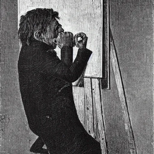 Image similar to a painter at his easel crying in despair, painting by Max Ernst