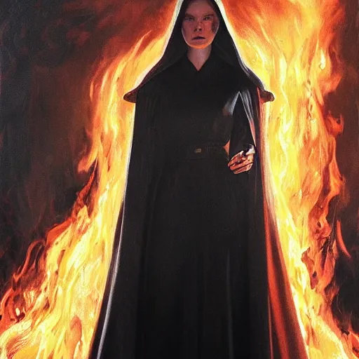 Image similar to ultra realistic medium shot portrait painting of elle fanning in prey wearing black cultist robes surrounded by fire, art by frank frazetta, 4 k, ultra realistic, highly detailed, epic lighting