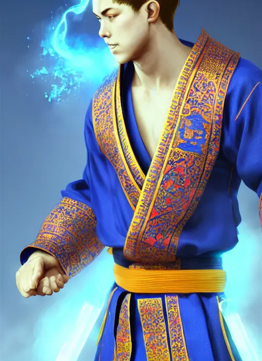 Image similar to male manchurian martial artist!!!! blue eyes!! intricate ornate blue robes!! character concept art, sharp focus, octane render! unreal engine 5! highly rendered!! trending on artstation!! detailed linework!! illustration by artgerm, wlop, and chie yoshii