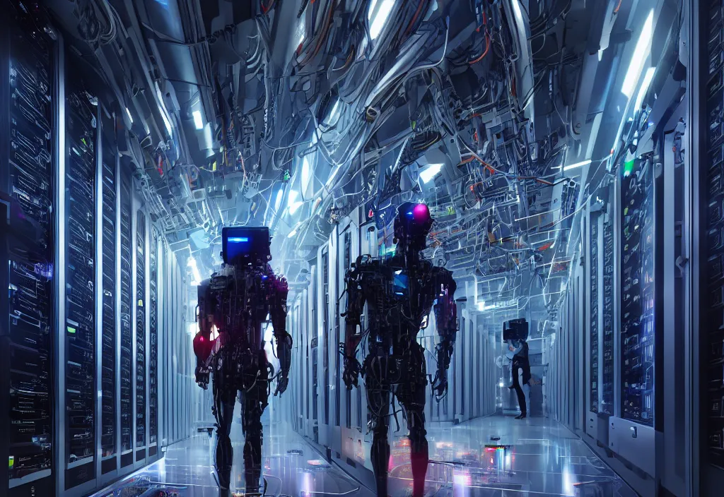 Prompt: shot of film cyborg walking in detailed server room in data center, character design, great composition perspective, vivid color, complementary color, detailed, sharp lines, trending on artstation, volumetric lighting, dramatic lighting by yoichi hatakenaka, cyberpunk art by asher brown durand