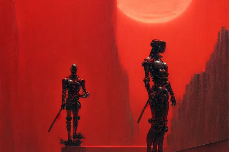 Image similar to only with red, a red cyborg samurai, tokio futuristic in background, some evil yokai, in the style of beksinski, parts by edward hopper, parts by rodcenko, parts by yue minjun, intricate and epic composition, red by caravaggio, insanely quality, highly detailed, masterpiece, red light, artstation, 4 k