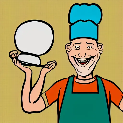 Prompt: portrait of a cook or chef looking at the camera, cartoon, digital art, symmetrical face, smiling face happy, by cooke darwyn