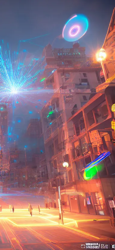 Image similar to unreal engine 5 render of a happy city on a sunny day with lasers coming out of the clouds, digital art ”