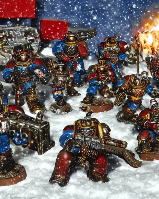 Image similar to postcard showing 'realistic warhammer space marines frollicking in the snow at christmas' laying on coffee table, zoomed out, HD, iphone capture