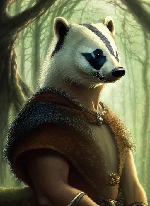 Prompt: a film still portrait of a badger elven king, finely detailed features, cinematic lighting, perfect art, brian jacques redwall woodland, forest, intricate, anime, gapmoe grimdark, artstation, trending on pixiv fanbox, painted by brian jacques greg rutkowski, studio ghibli, 4 k