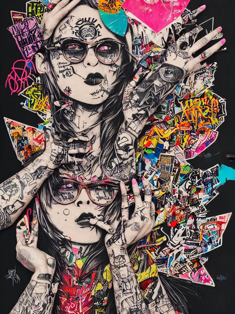 Prompt: a multilayered mixed media street art bursting with nostalgic pop culture references, punk symbols and tattoo designs, sharp details and in focus, high resolution, flat evenly lit background, art by stikki peaches