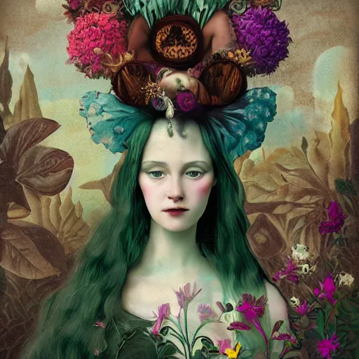 Image similar to a detailed portrait of young woman in renaissance dress and a surreal renaissance headdress, very surreal garden, cyberpunk, surreal tea party, strange creatures, by christian schloe and botticelli, naotto hattori, amy sol, roger dean, moody colors