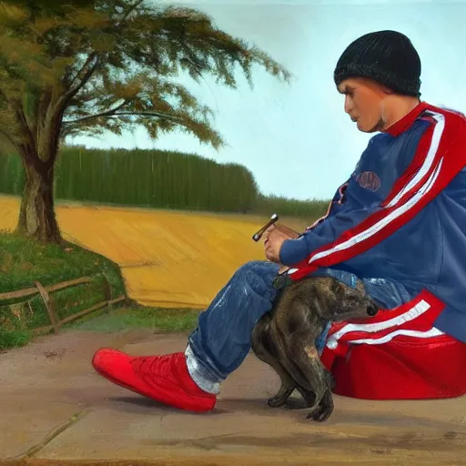 Image similar to a man in cheap and red used sportswear. he is smoking a cigarette. he is sitting on a dead dog. he is on the side of the road. he is wearing slippers. it is a rural scene, in poor village, dramatic lighting, hyper detailed, surreal, hyperrealism, oil painting