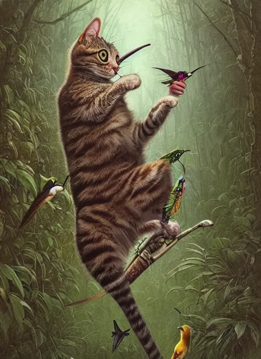 Prompt: a hyper realistic illustrated cat with playing with a hummingbird on its paw in the woods gorgeous lighting, lush forest foliage painting by chiara bautista and beksinski and norman rockwell and greg rutkowski weta studio, and lucasfilm